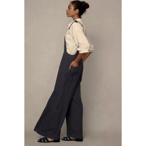 By Anthropologie Linen Wide-Leg Overalls Denim Jumpsuit Solid S - Picture 3 of 5